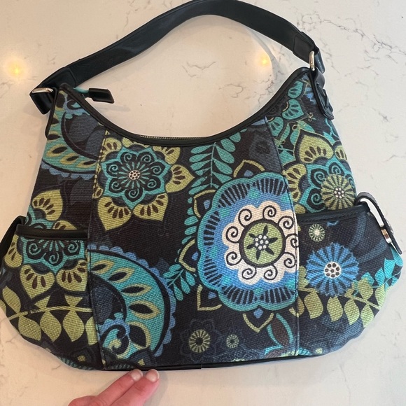 SPARTINA 449 Linen Leather Navy Blue Floral Print Shoulder Tote Bag - Picture 5 of 8